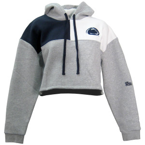 Hype and Vice women's navy, white, & gray color block crop hoodie with Penn State Athletic Logo